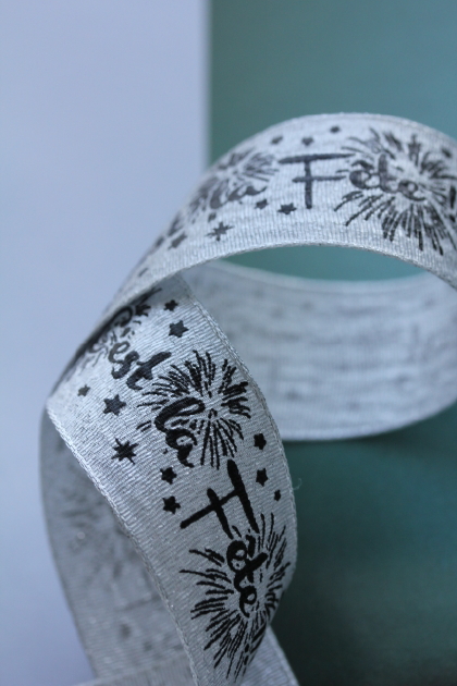 フランス製ワイヤーリボン FETE シルバー＆ブラック 25ミリ幅