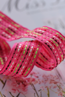 フランス製ワイヤーリボン・ステッチrich ピンク　25ミリ幅　