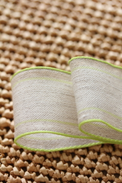 ドイツリボン・リネンStripe　Leaf green　38ミリ幅