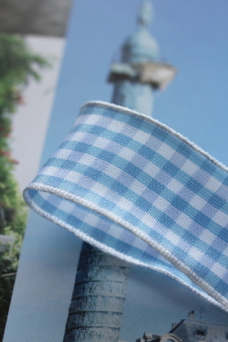 フランス製ワイヤーリボン・チェックSky blue  25ミリ幅　