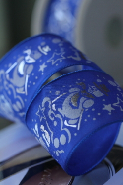 フランス製ワイヤーリボン・Santa Claus BLEU  38ミリ幅　