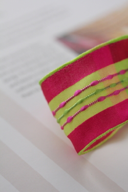 フランス製ワイヤーリボン・カラフルステッチPink　40ミリ幅　