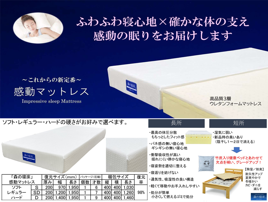 【ウレタンマットレス】「森の寝床」感動のマットレス　オールウレタン・軽量で３タイプの硬さを選べるウレタン３層構造で安心安全なマットレス、シングル・セミダブル・ダブルの３サイズです。