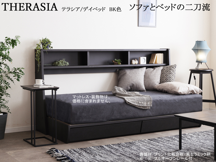 【ベッドとソファの二刀流】「テラシア」シングルベッドフレーム　ホワイトとブラックの２色・引出付のベッドフレーム、床高２１cmのお好みのマットを載せてベッドにもソファにも使える優れものの二刀流　