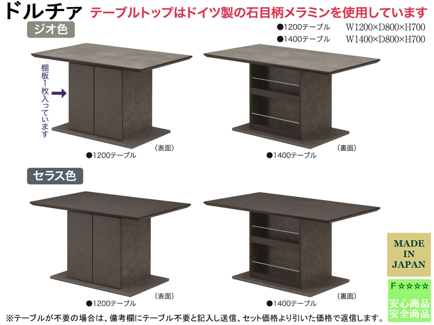 【リビングダイニングテーブル】「ドルチァ」１２００テーブル　国産商品で傷に強いドイツ製石目柄メラミン天板・収納付BOX脚の１２０cmテーブルです。天板色を、ジオ色・セラス色から選べます。１４００テーブルもあります。