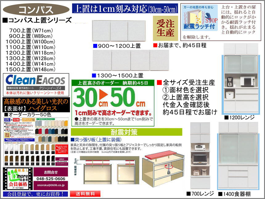 【国産】「コンパス」上置（受注生産商品）　高品質・高機能・国内最高環境安全基準Ｆ☆☆☆☆素材仕様、幅８サイズ、面材５０色、１ｃｍ刻みで高さ５０ｃｍまでの上置が作れます。