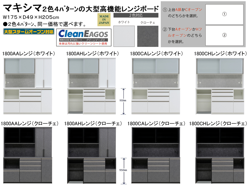 【高機能レンジボード】「マキシマ」１８００AA/AH/CA/CHレンジ　１７５cm幅、２０５cm高の大型高機能レンジボード。国内最高環境安全基準Ｆ☆☆☆☆素材を使用、２色の面材・４パターンの形状でご使用の仕方で選べる高機能大型レンジボードです。