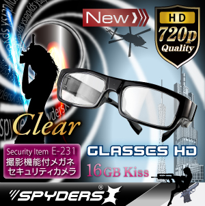 メガネ型スパイカメラ スパイダーズX (E-231) クリアレンズ 720P センターレンズ 16GB