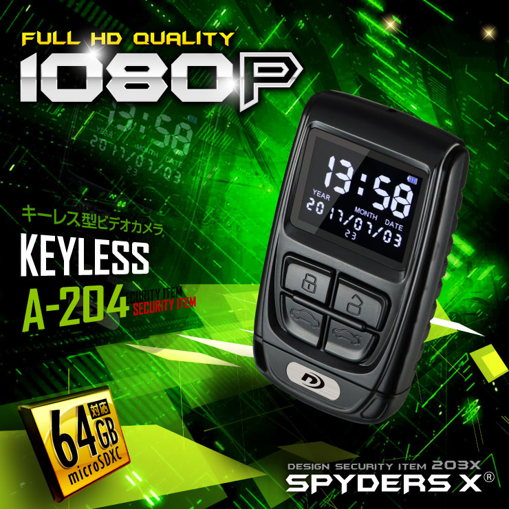 キーレス型カメラ 小型カメラ スパイダーズX (A-204) スパイカメラ 1080P モニター付 動画再生 WDR機能 64GB対応