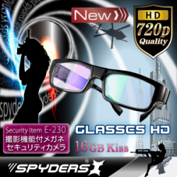 小型カメラ 防犯カメラ 小型ビデオカメラ メガネ型 スパイカメラ スパイダーズX (E-230) センターレンズ 16GB内蔵