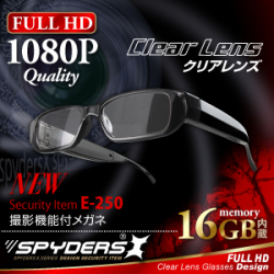 メガネ型 スパイカメラ スパイダーズX (E-250) クリアレンズ FULL HD1080P 1200万画素 16GB内蔵 ハンズフリー