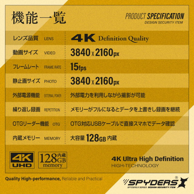3.2Kビデオカメラ本体 128GB内蔵 スパイダーズX スパイカメラ 3.2K リモコン型カメラ 小型カメラ