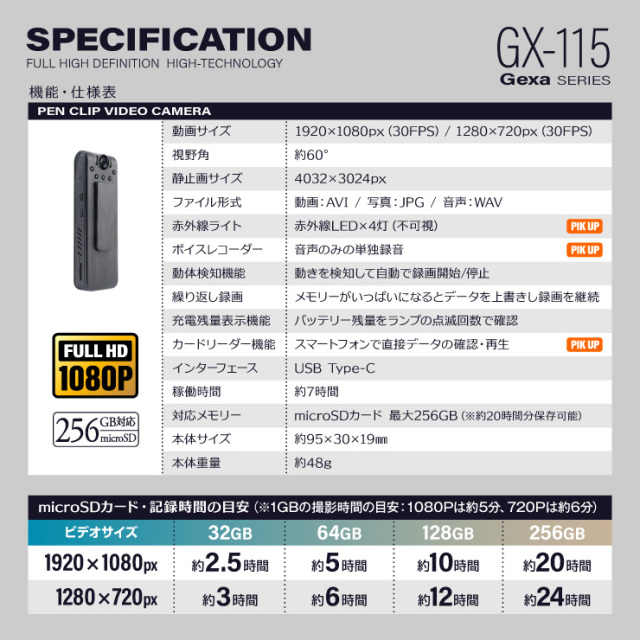 Gexa(ジイエクサ) 小型カメラ ペンクリップビデオカメラ 防犯カメラ