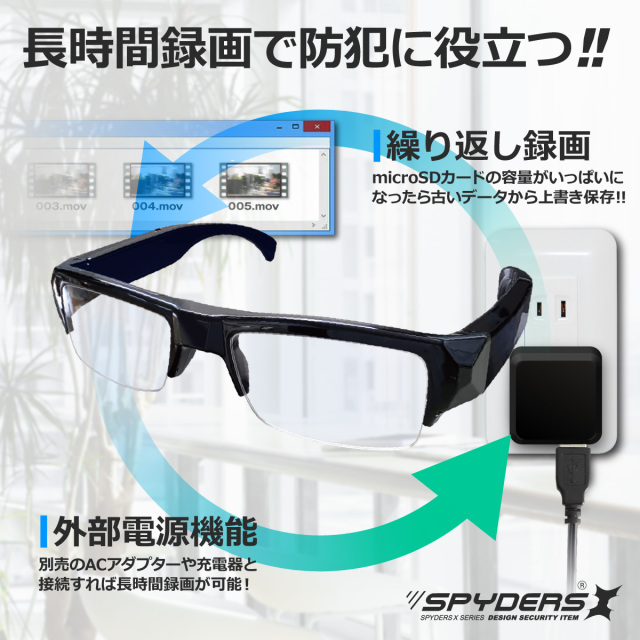 スパイダーズX スパイカメラ 1080P メガネ型カメラ 小型カメラ [E-205Σ 