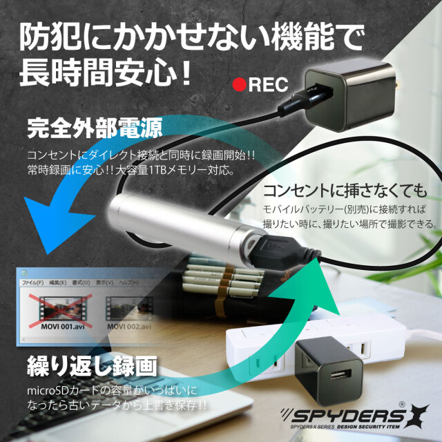 スパイダーズX スパイカメラ 1080P USB-ACアダプター型カメラ 小型 