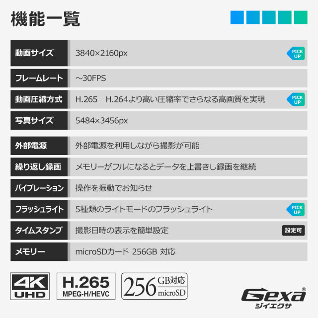 ガメラ Gexa(ジイエクサ) スパイカメラ 4K フラッシュライト型ビデオ