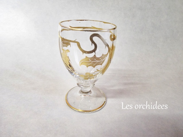 フランスアンティーク　金彩柊文様クリスタル　リキュールグラス