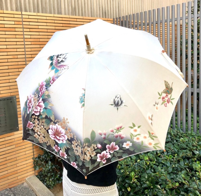 着物リメイク☆日傘とバッグのセット♡（小紋、扇、ベージュ、竹）ハンドメイド 着物リメイク☆日傘とバッグのセット♡（小紋、扇、ベージュ、竹