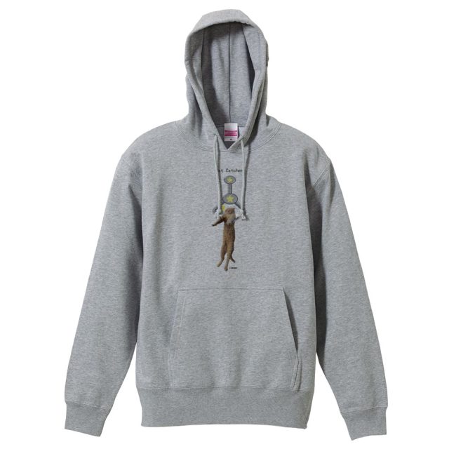 おもしろプルオーバーパーカー 猫柄 長袖 グレー キャットキャッチャー