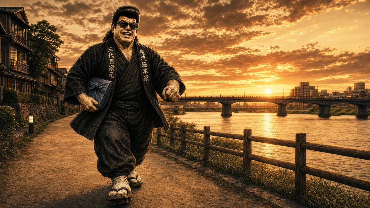 「食べれば太る、歩けば痩せる」について語る、黒い半纏姿の俺流総本家 家元