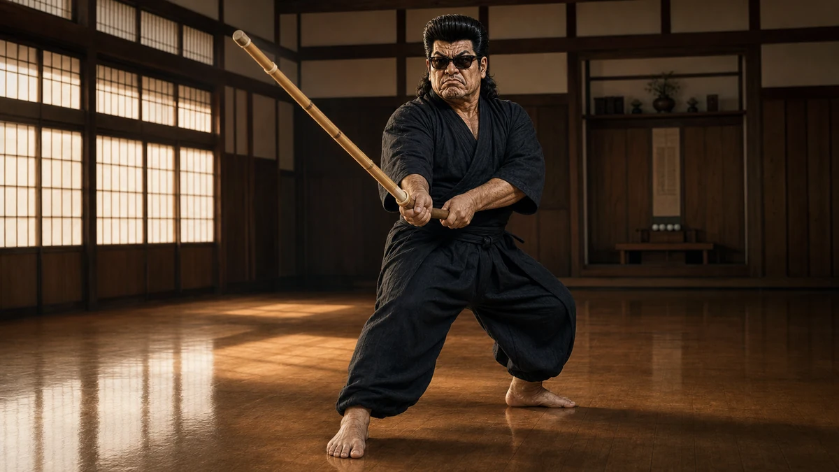 「剣道は手二分に足八分!!足のさばきで敵をうけ!敵をかわし!敵を打つ」について語る、黒い半纏姿の俺流総本家 家元