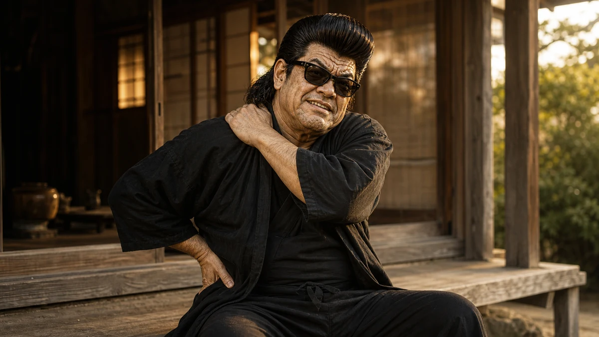 「肩こり 腰痛持ち」について語る、黒い半纏姿の俺流総本家 家元