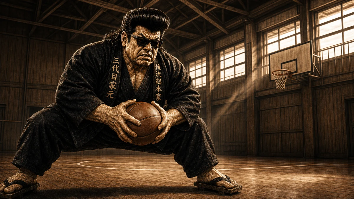 「リバウンドを制するものは試合を制す！！」について語る、黒い半纏姿の俺流総本家 家元