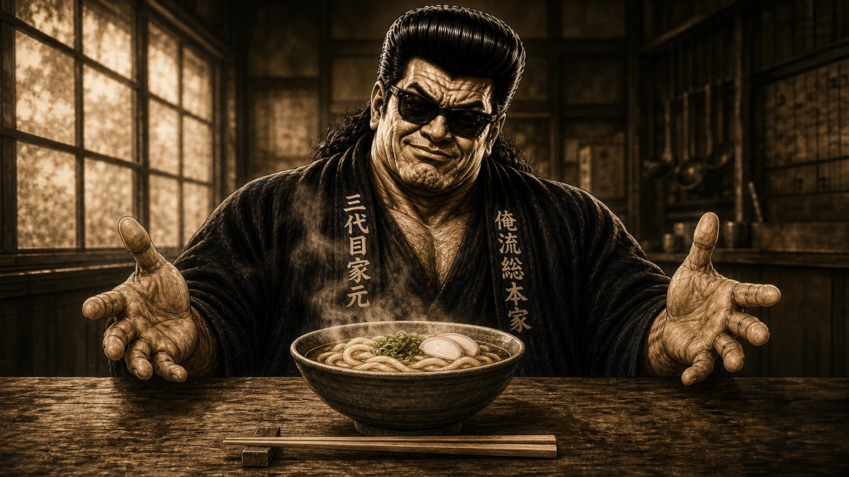 「うどん」について語る、黒い半纏姿の俺流総本家 家元
