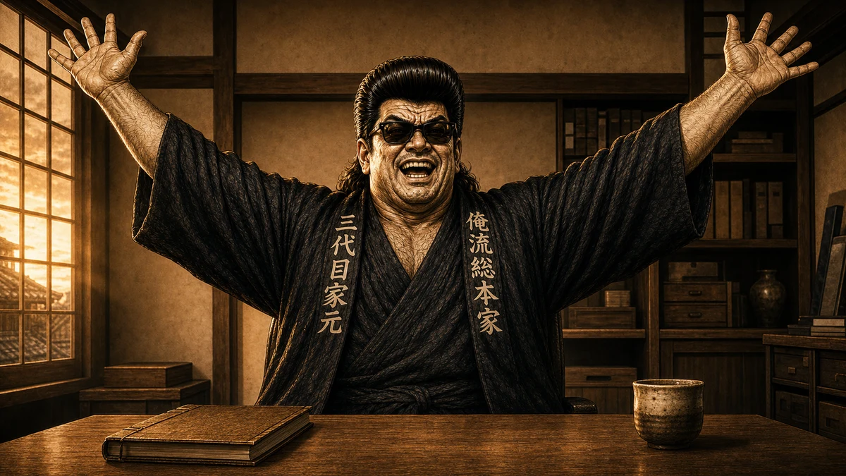 「働いて働いて働いて働いて働いてまいります」について語る、黒い半纏姿の俺流総本家 家元