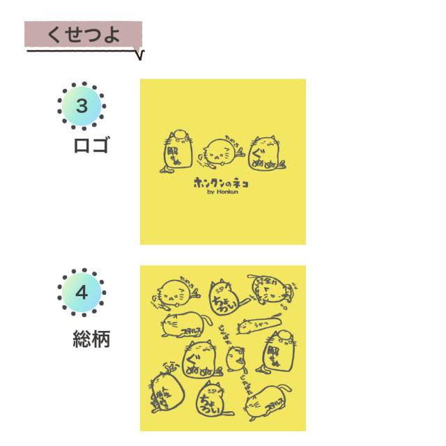 「ホンクン猫ハンドタオル くせつよデザイン ロゴ柄と総柄の2種類イメージ比較画像（黄色ベース）」
