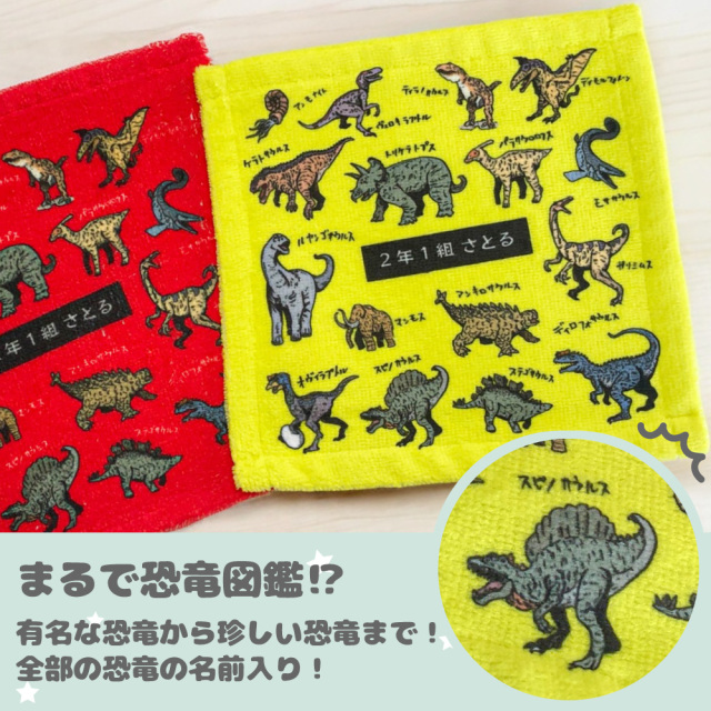 「恐竜図鑑のようなデザインが楽しい名入れミニタオル｜全恐竜の名前入りで学べるハンドタオル・レッド＆イエロー2色展開」