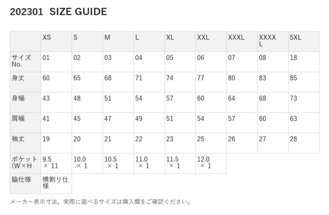 202301 202301 サイズ表