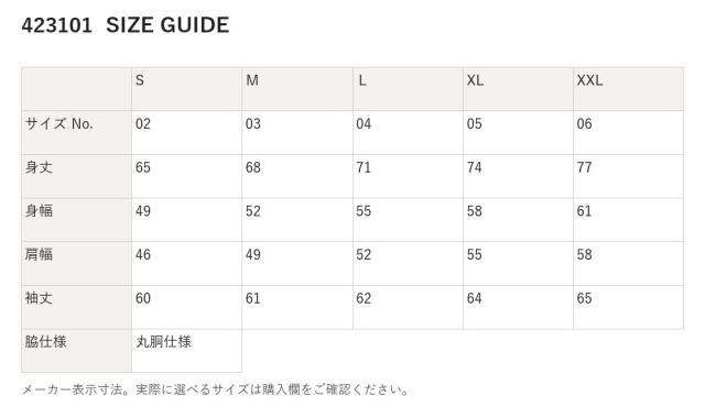 423101 423101 サイズ表
