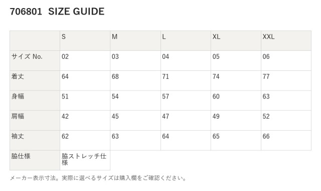 706801 706801 サイズ表