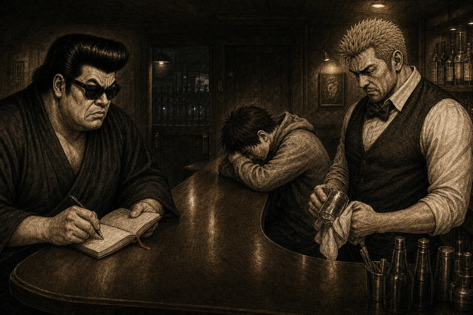 俺流物語 NY編 第6話 閉店後のBar DIOで泣く少年の話を聞く家元とマスター