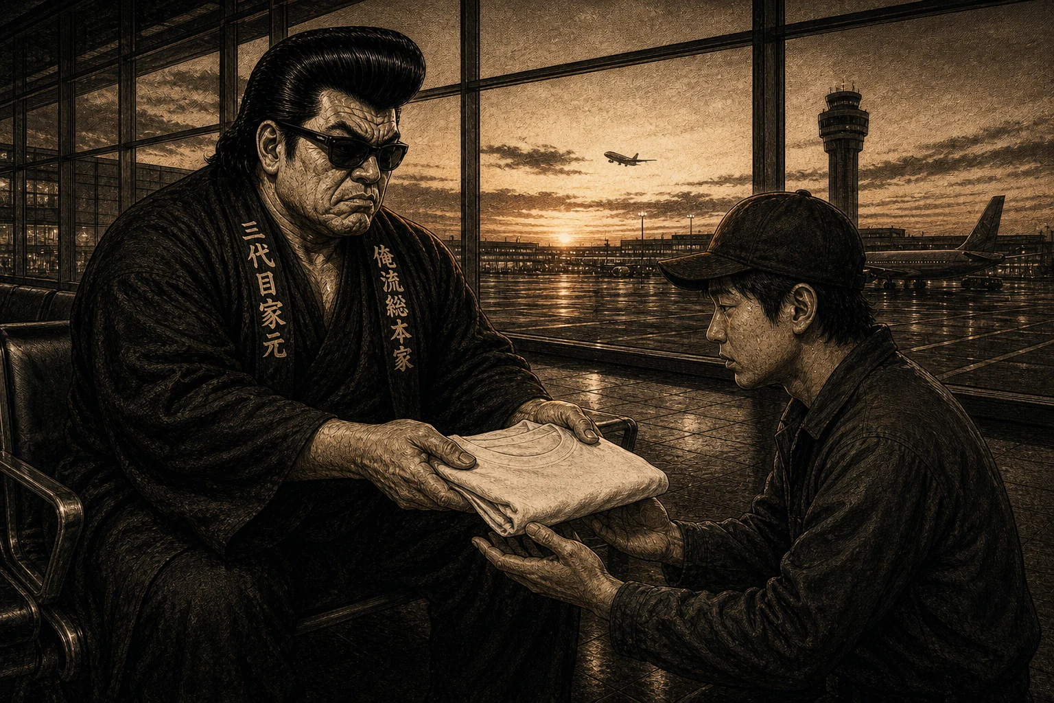 俺流物語 NY編 第12話 JFK空港で清掃員へ語録Tシャツを手渡す家元