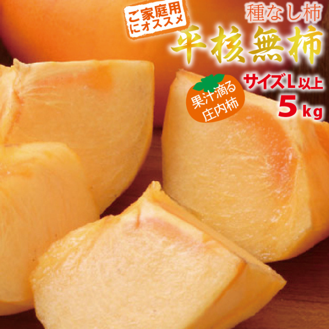 【2024年先行予約】【山形県 庄内産】平核無柿5kg（ご家庭用：サイズL以上）こだわり栽培 手摘み　減農薬、有機肥料栽培　渋抜き済 種なし庄内柿！ご家庭用にオススメ！送料無料！（沖縄・離島・一部地域を除く)10月中旬から御注文順に順次発送