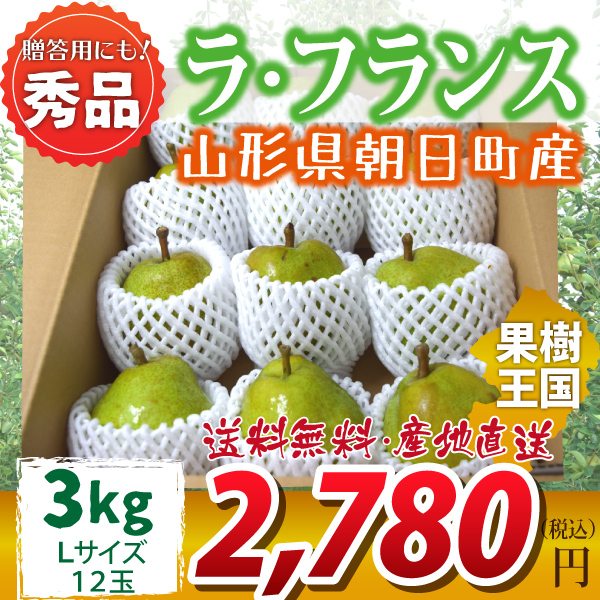 【2023年先行予約】【山形県朝日町産】ラ・フランス　秀品　贈答用　３ｋｇ　Ｌサイズ　１２玉　産地直送　送料無料！（沖縄・離島・一部地域を除く)10月下旬～順次発送