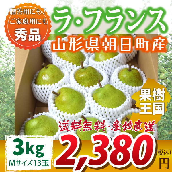 【2023年先行予約】【山形県朝日町産】ラ・フランス　秀品　贈答用　約３ｋｇ　Ｍサイズ　１３玉　産地直送　送料無料！（沖縄・離島・一部地域を除く)10月下旬～順次発送