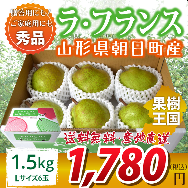 【2023年先行予約】【山形県朝日町産】ラ・フランス　秀品　贈答用　1.5ｋｇ　Ｌサイズ　6玉　産地直送　送料無料！（沖縄・離島・一部地域を除く)10月下旬～順次発送