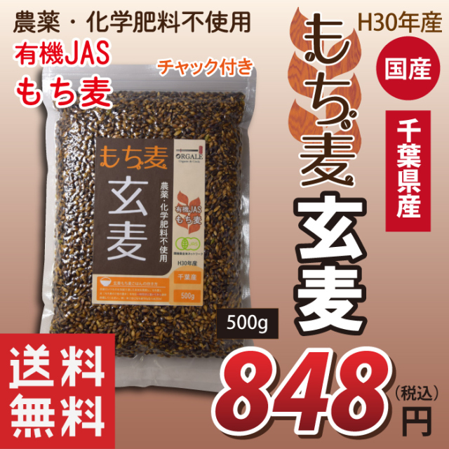 国産 有機JASもち麦 玄麦もち麦 玄もち麦 千葉県産100％ 500g 脱酸素剤入りで新鮮なままお届け！ チャック付で保存に便利！　送料無料！