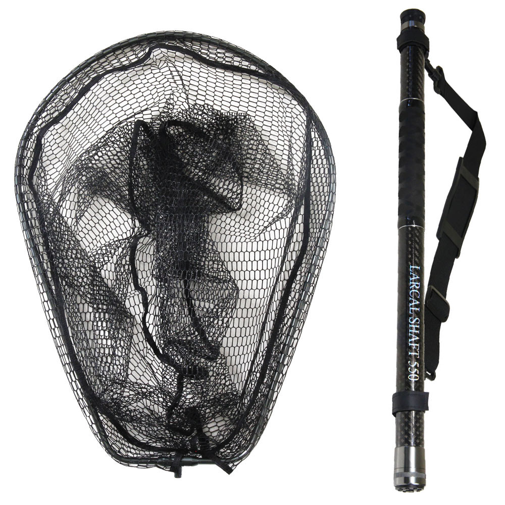 カーボン ランディング 2点セット シャフト5.5ｍ ラーカルシャフト ブラック ＆ ラバー ランディングネットL ガンメタ (landingset-188)｜ オーバールフレーム ラバー シーバス ネット タモ 網 アミ タモ網