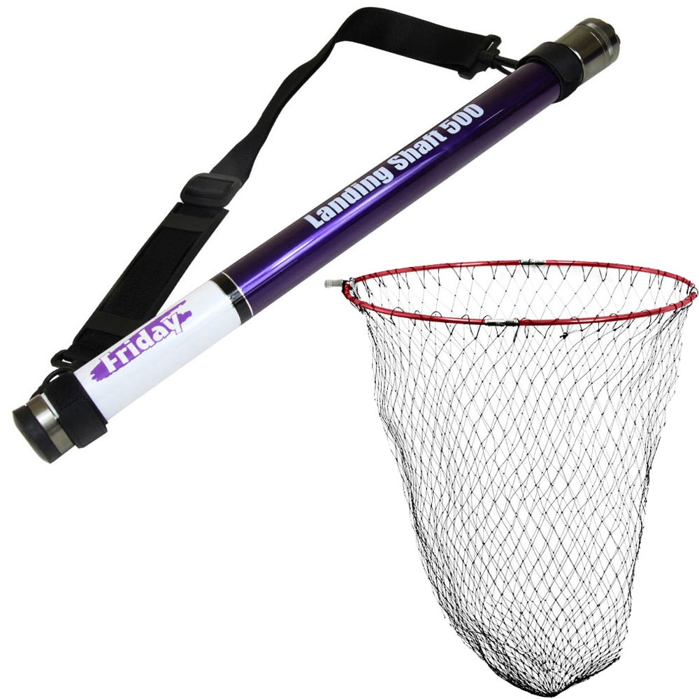 おり釣具 フライデー 超小継玉の柄5m＆四つ折り磯玉網45cm レッド 2点セット (landingset-259)｜タモ網 折りたたみ ラバー