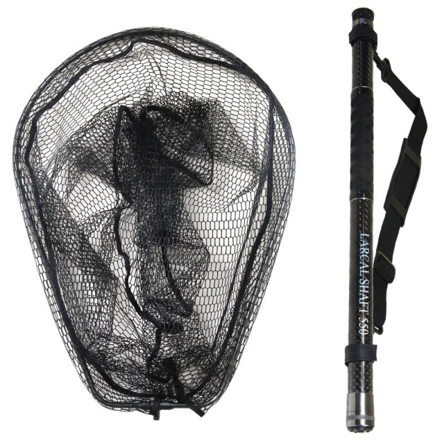 カーボン ランディング 2点セット シャフト5.5ｍ ラーカルシャフト ブラック ＆ ラバー ランディングネットL ガンメタ (landingset-188)｜ オーバールフレーム ラバー シーバス ネット タモ 網 アミ タモ網
