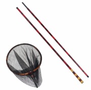 無心燦 根節 玉の柄二本物＆朱塗 籐巻き加工木製ヘラ玉網 尺1/3mm目 黒セット (mushinsaokakeset-014)