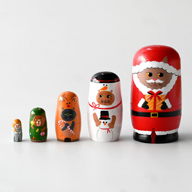 おきあがりこぼし　マトリョーシカ　クリスマス　天使　猫 猫のマトリョーシカ】クリスマスを楽しむ木製オブジェ 5体セット