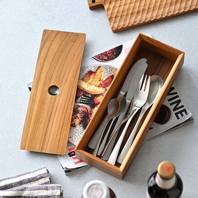 木製カトラリーケース Teak フタ付きスリムボックス | ゼネラルストア