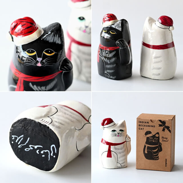 インドの招き猫 クリスマス Ver.｜ハンドペイントの紙粘土オブジェ