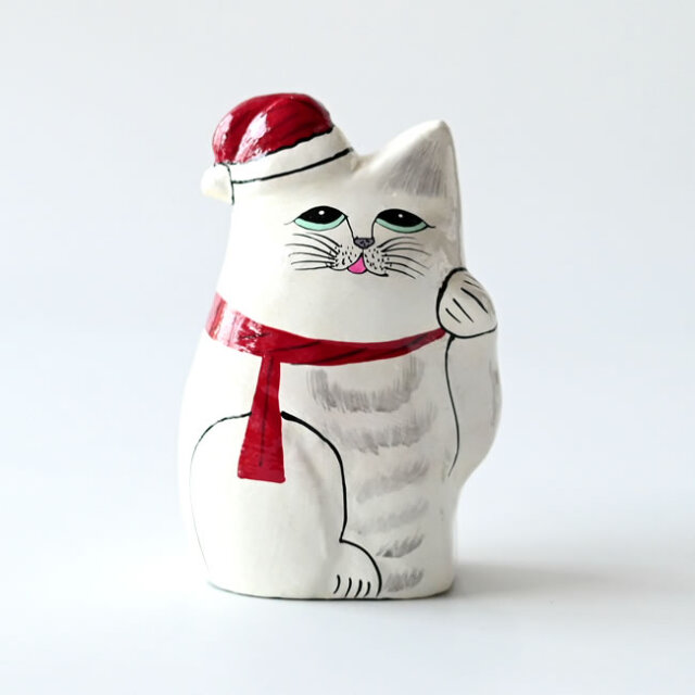 インドの招き猫 クリスマス Ver.｜ハンドペイントの紙粘土オブジェ
