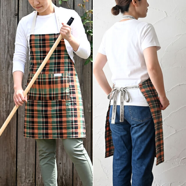 【 handmade 】ぽっちゃりエプロン※2L〜3L・チェック 色柄で楽しむリサイクルコットンのチェックエプロン ｜ ゼネラルストア